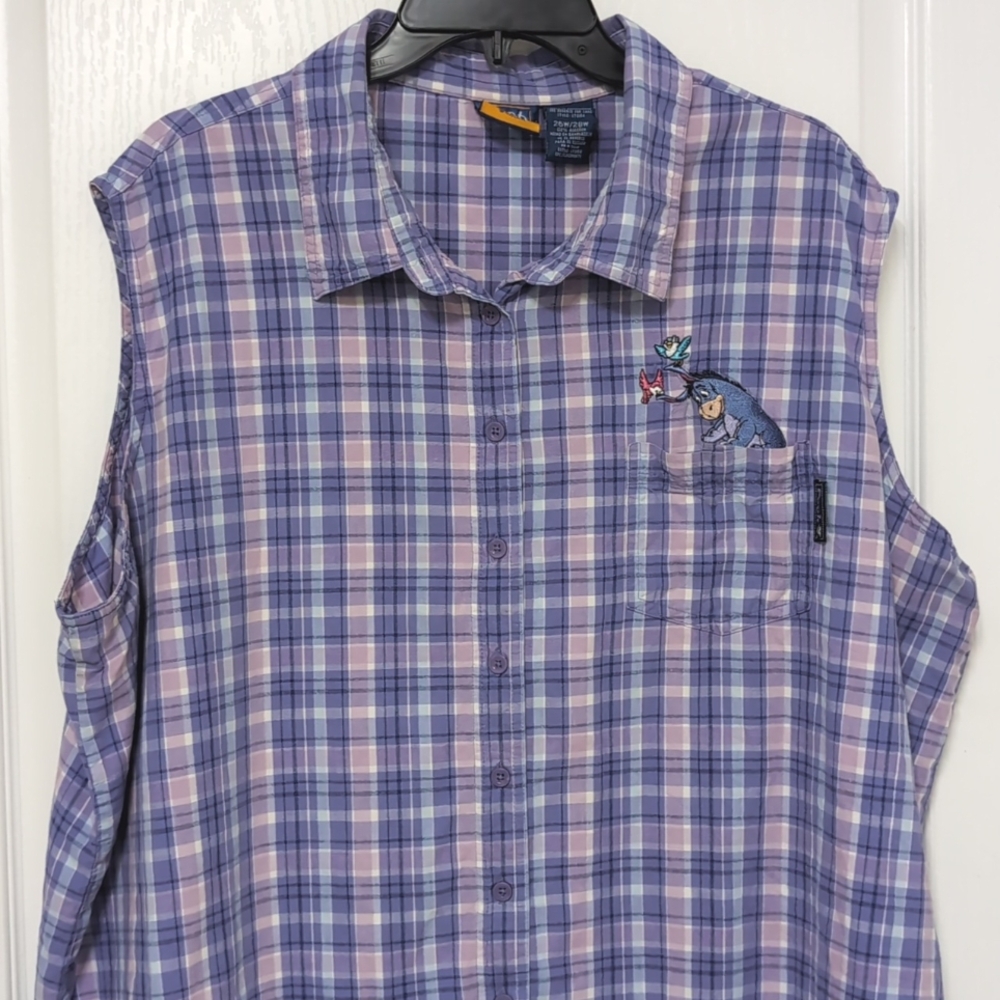 Disney Pooh Eeyore Embroidered Pastel Plaid Sleeveless Blouse.  26/28W